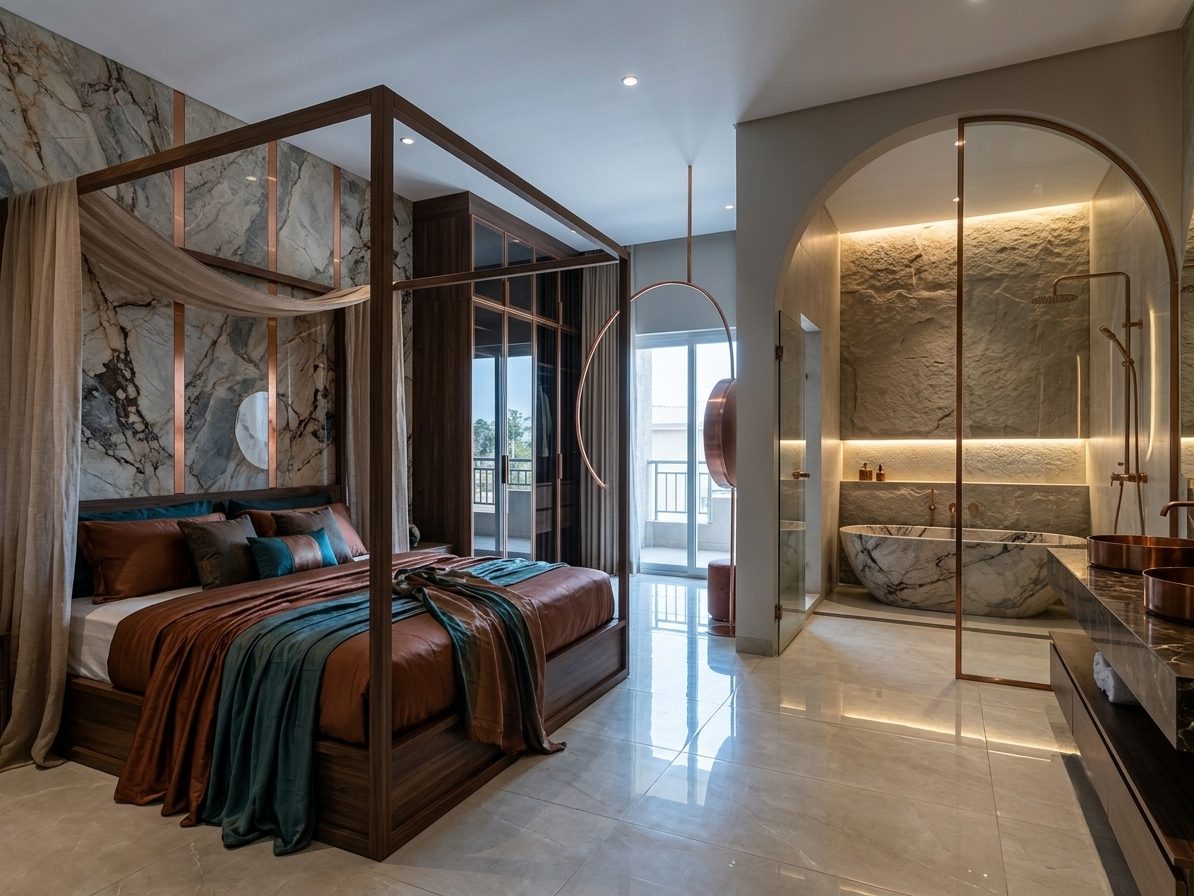 Lucas Hotel master bedroom and open en-suite bathroom