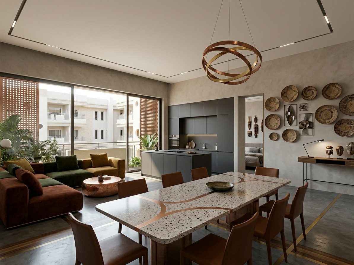 Lucas Hotel living and dining area with tribal art wall