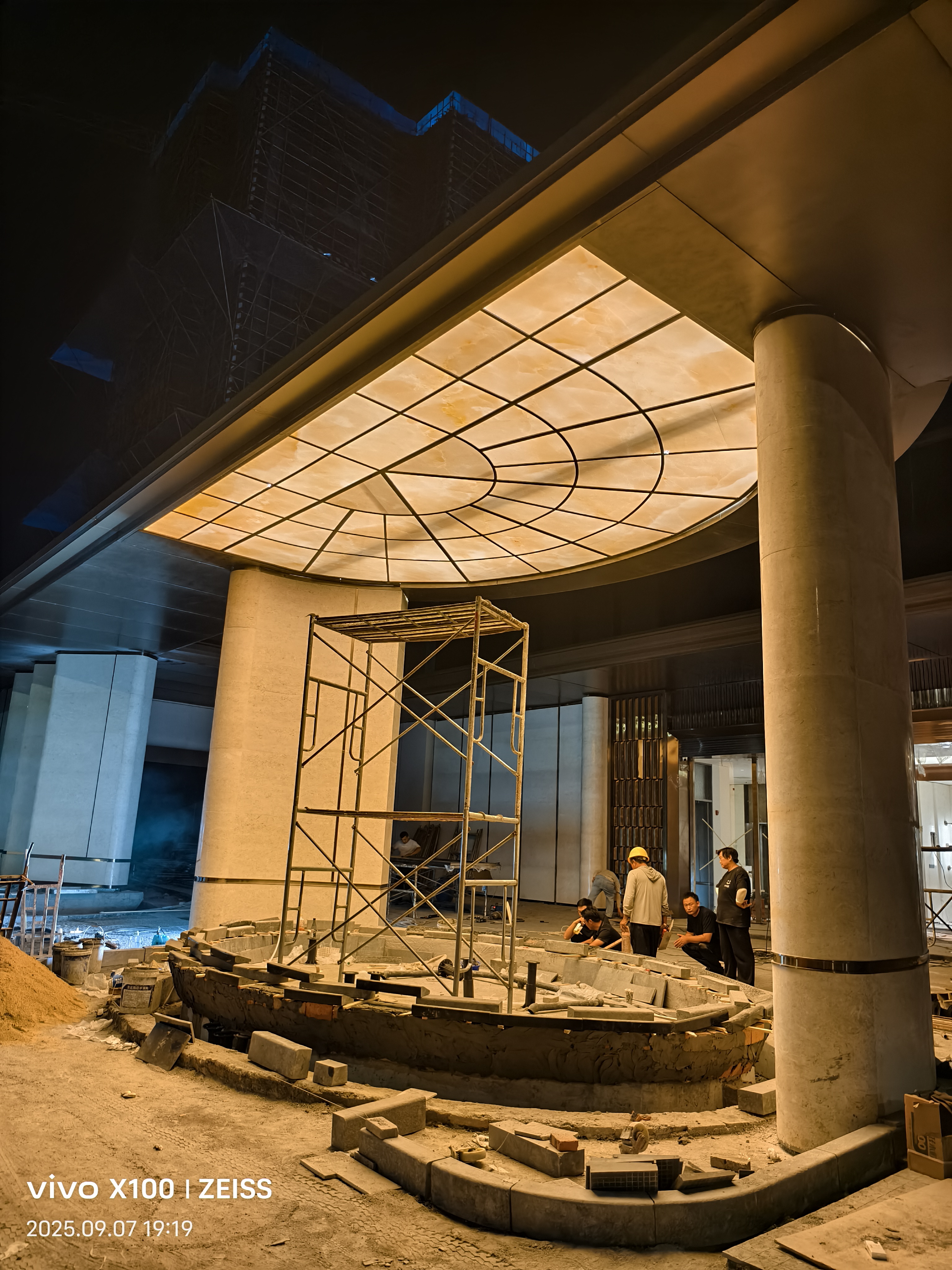 Lezhi Zhenjing canopy stone installation at night